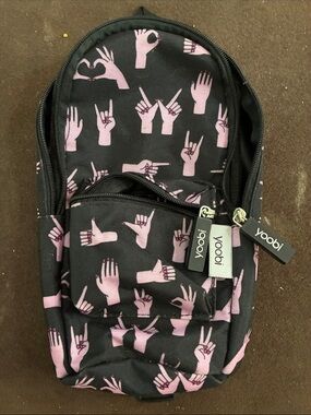 Yoobi Black Mini Backpack with Pink Hand Print Pattern
